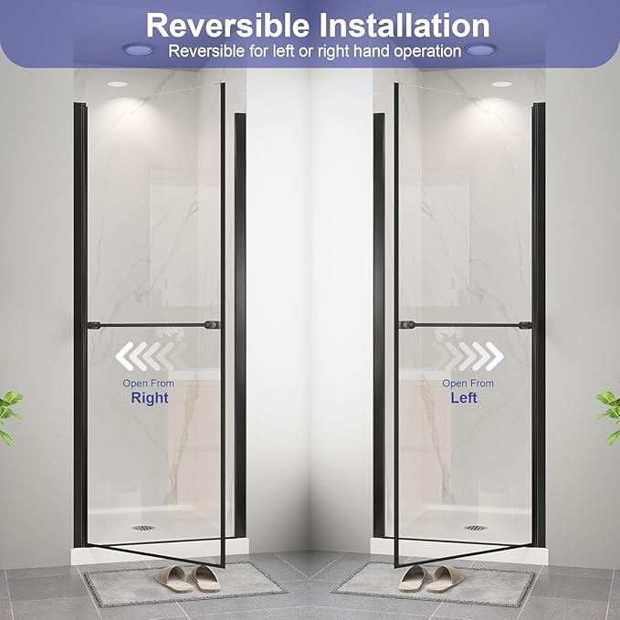 Frameless Pivot Shower Door 36"-38" W x 72" H, Swing Shower Glass Doors with Nano Explosion-Proof Film Tempered Glass 1/4"(6mm) Reversible Installtion,Matte Black Finish