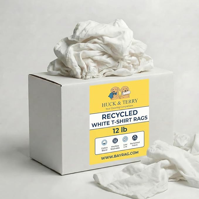 Huck & Terry White T-Shirt Bag of Rags, 100% Recycled Material, Cotton Blend Bar Mop, Reclaimed, Eco-Friendly Cloth, Cleaning & Painting Rags, Lint Free, Highly Absorbent (12 LBS)