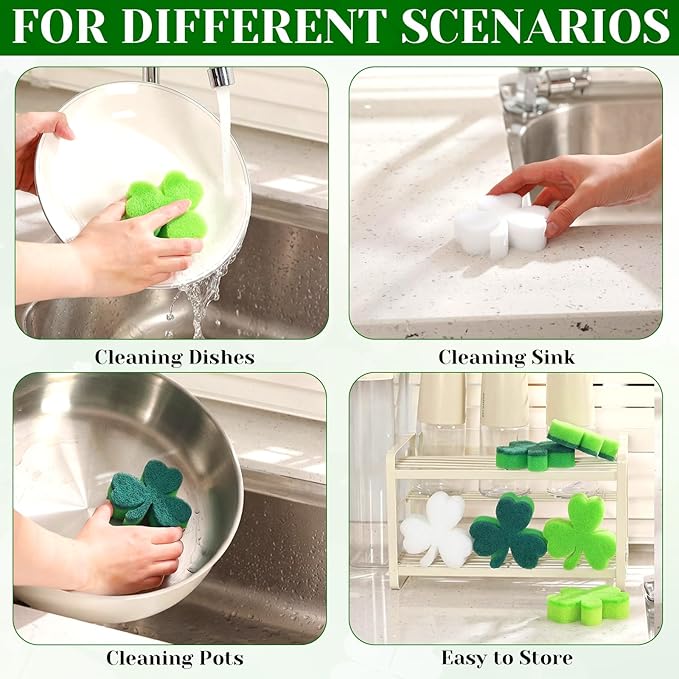 Tioncy 12 Pack St. Patrick's Day Kitchen Sponges Bulk Dual Sided Scrubber Sponges Dishwashing Kitchen Cleaning Accessories for Household Supplies