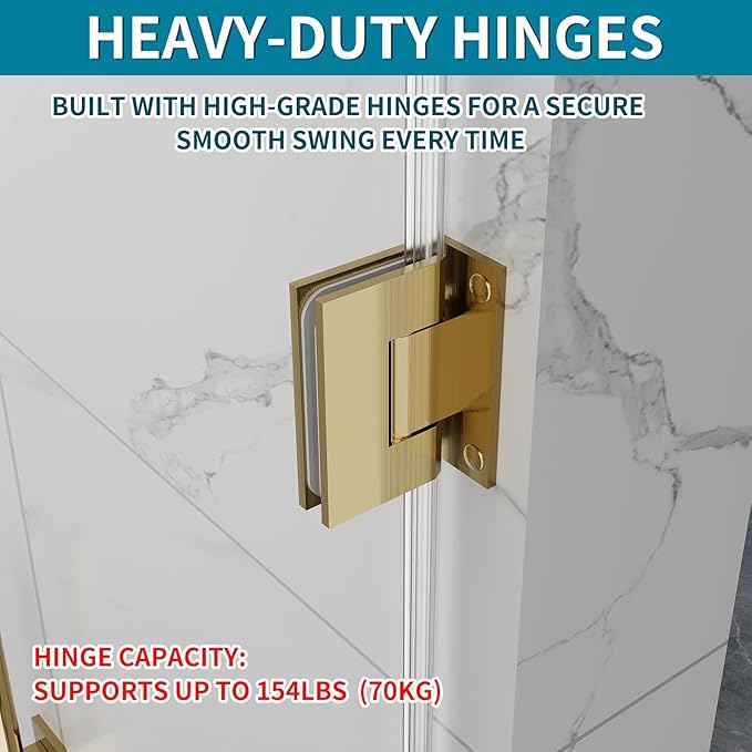 Framelss Single Swing Hinged Shower Door, 28" W x 76" H Pivot Shower Door, 5/16" (8mm) Tempered Glass with Nano Coating, SGCC Certified, Glass Door for Walk-in Shower - L02-28 (Brushed Gold)