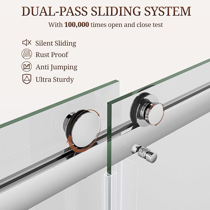 56-61" W x 79" H Frameless Shower Door, Double Sliding Glass Shower Door with 3/8" (10mm) SGCC Tempered Glass, Dual 304 Stainless Towel Bars Bathroom Shower Glass Door (Chrome)