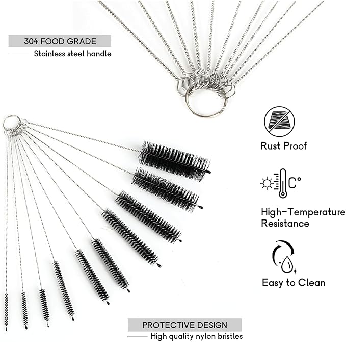 12 Pack Glass Tube Pipe Cleaner Set, 17 Inch Long Handle Nylon Brush for Neck Bottle, 8.2 Inch Various Diameter Tube Straw With Hook, 35 Inch Flexible Double Ended Hose Cleaner