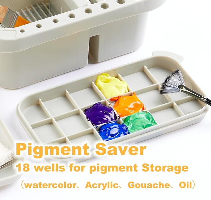 SEVENY Paint Brush Basin with Palette,Painting Art Supply Storage Organizer for Acrylic, Watercolor, and Water-Based Paints(Grey)