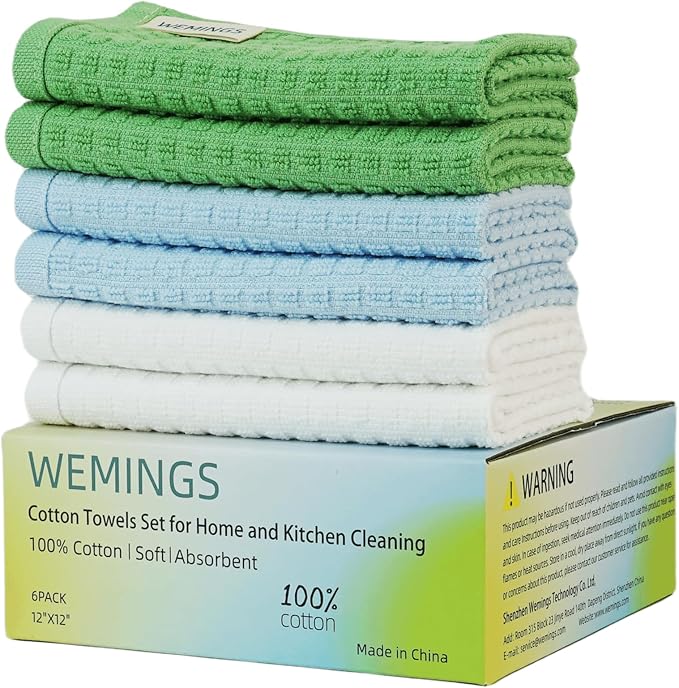 Cotton Dishcloths Set for Home and Kitchen Cleaning- 12x12 Inches Pack of 6- Dish Cloths,Dish Towels,Dish Rags - with Hanging Loop - 100% Cotton,Soft,Absorbent (Mix Color, 6)
