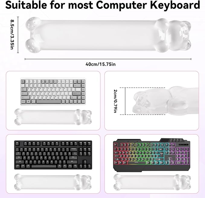 Ergonomic Silicone Gel Keyboard Wrist Rest – Clear Wrist Rest for Computer Keyboard 60%/68%/75%, Comfort & Support for Typing and Gaming(Cute White Bear)