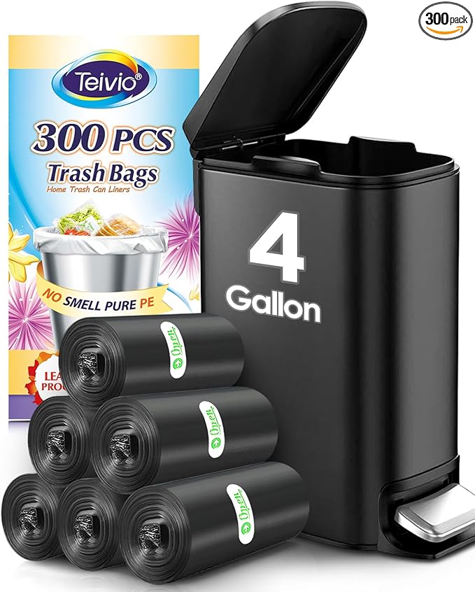 4 Gallon 300 Counts Strong Trash Bags Garbage Bags by Teivio, Bathroom Trash Can Bin Liners, Small Plastic Bags for home office kitchen, Black