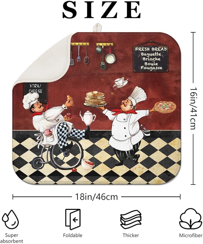 Chef Dish Drying Mat For Kitchen Counter, Italian Wine Red Fat Chef Microfiber Drying Mat, Washable Absorbent Kitchen Countertop Dish Mat Drain Mat 16×18 Inch