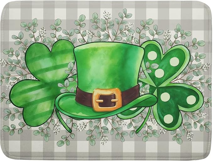 Khope St Patrick's Day Dish Drying Mat for Kitchen Counter 18x24 Inch Green Shamrock Hat Eucalyptus Leaves Reusable Washable Drying Pad Countertop Home Decor