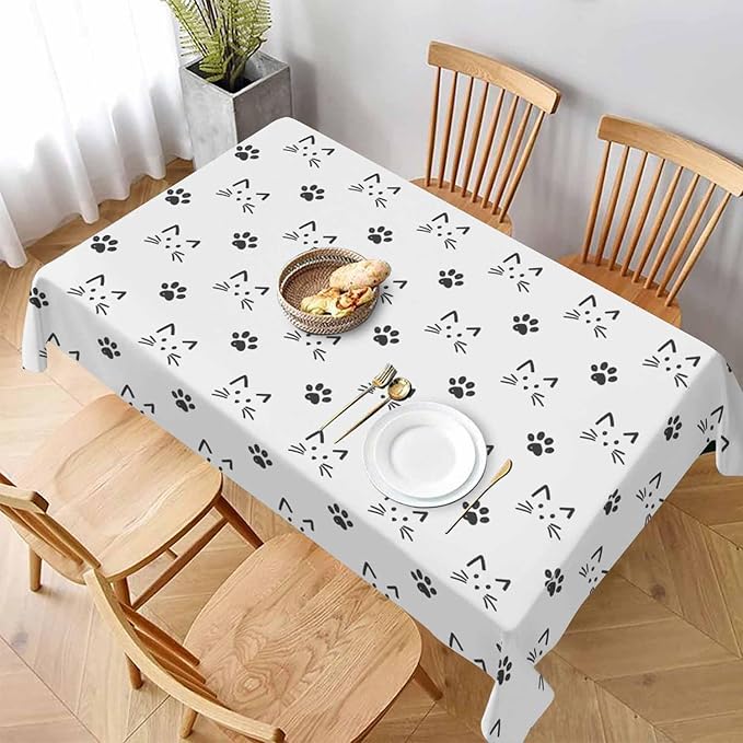 Cat Faces and Paws Rectangular Tablecloth Cartoon Cute Footprint 52x70 Table Cloth for Wedding Party Banquet,Dining Kitchen Table Cover