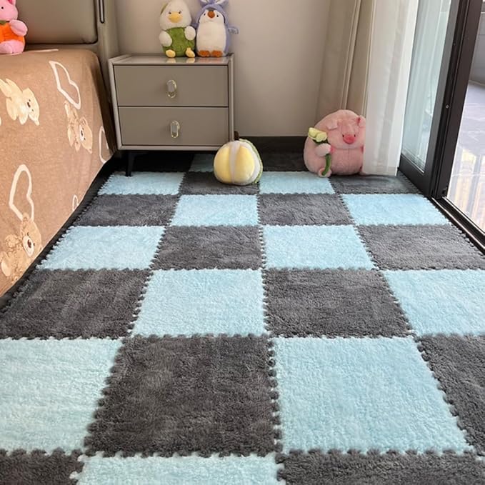12Pcs Interlocking Carpet Tiles,12"x 12" Plush Interlocking Foam Carpet Tiles with Border,Fluffy Play Mat Floor Tiles Thick Padded Squares Foam Tiles for Playroom Decor (Light Blue+Grey)