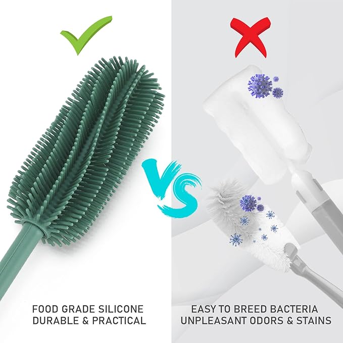 15.7" Silicone Bottle Brush, ddLUCK Water Bottle Cleaner Brush for Stanley, Hydroflasks, Glass, Thermos Sports Bottle, Vase and Glassware, Bottle Brush Cleaner for Small Narrow Neck Containers (Green)