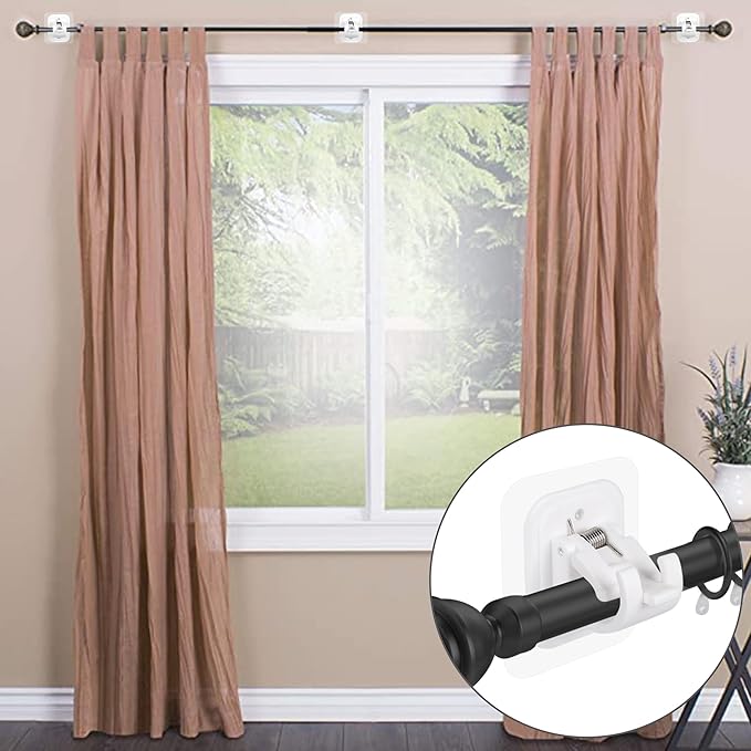 14PCS No Drill Curtain Rod Brackets No Drilling Self Adhesive Curtain Rod Holder Hooks Nail Free Adjustable Curtain Rod Hooks Curtain Hangers for Bathroom Kitchen Home Bathroom and Hotel (White)