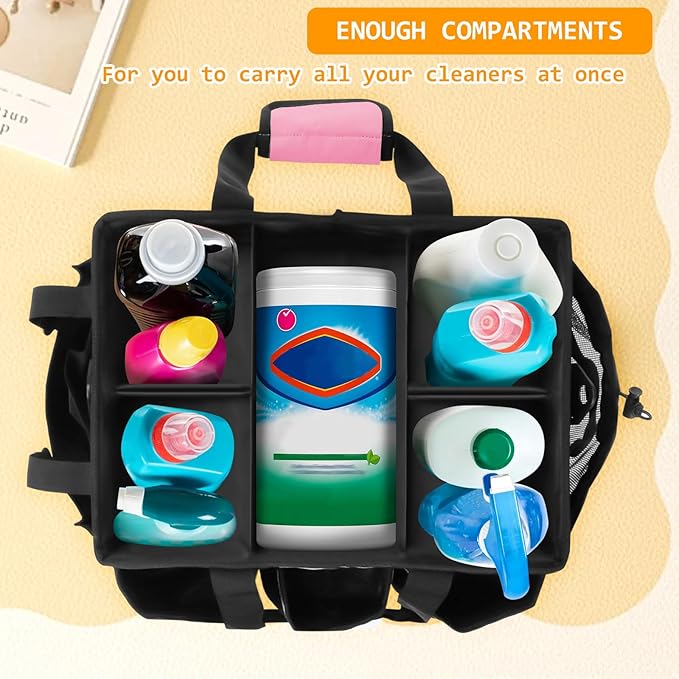Wearable Cleaning Caddy Organizer with Handle & Shoulder Straps for Cleaners, 5 Compartments, Housekeeping Tote for Kitchen & Bathroom, Car Tool Caddy Organizer Bag (pink)