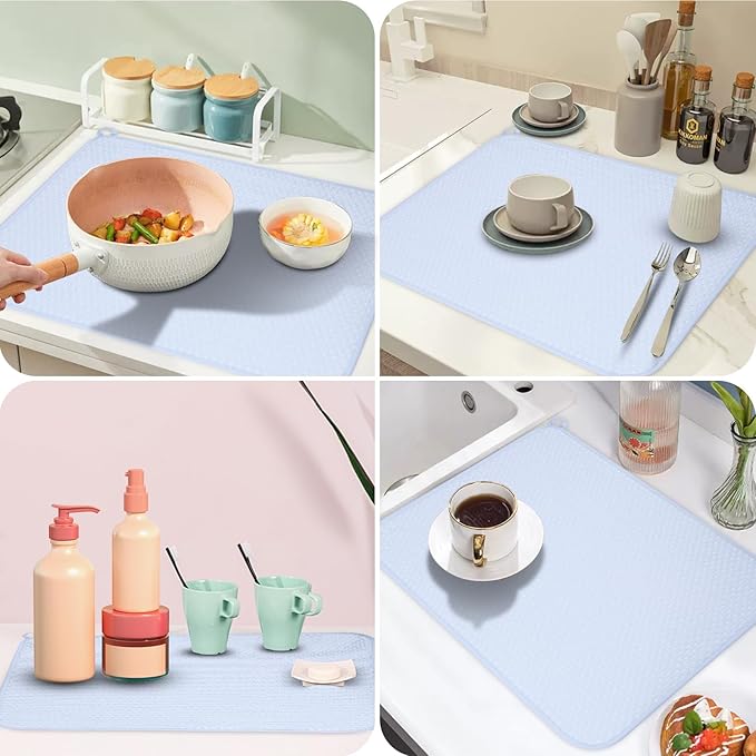 12 * 16 inch Microfiber Dish Drying Mat, Superb Absorbent Kitchen Dish Drying Pad, Reversible Drainboard for Countertop, Blue