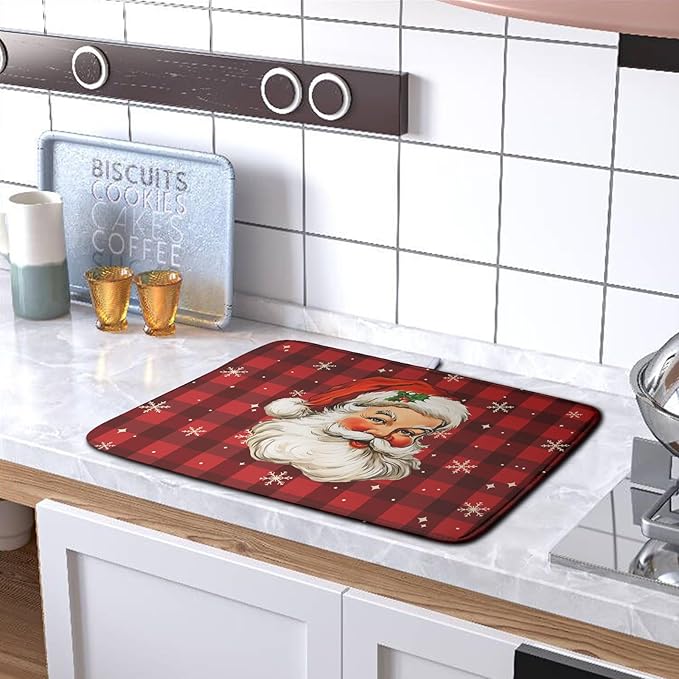 Santa Claus Christmas Dish Drying Mat Xmas Red and Black Buffalo Plaid Snowflake Drying Mats Winter Holiday Dishes Drying Pad Microfiber Absorbent Dish Drainer Rack Mat 16x18 Inch