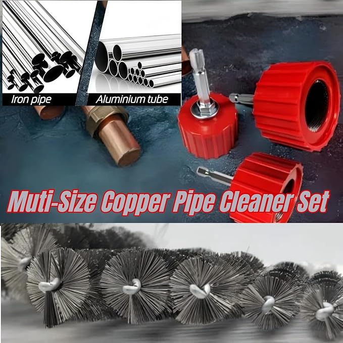 Heavy Duty Copper Pipe Cleaner & Bore Brush Kit 1/2" & 3/4" & 1" Copper Pipe Cleaner Set for Drill, with 1/4" Hex Shank & 10 Brush Blades Plumbing Tools for Removing Rust