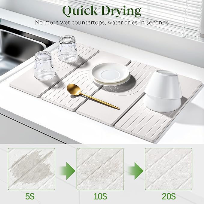 Large Stone Dish Drying Mat for Kitchen Counter, Quick Dry Stone Dishes Mats, 23.6"(L)×15.4"(W), Water Absorbing Diatomaceous Earth Drying Pad for Countertop Bottles Utensils Cups, White