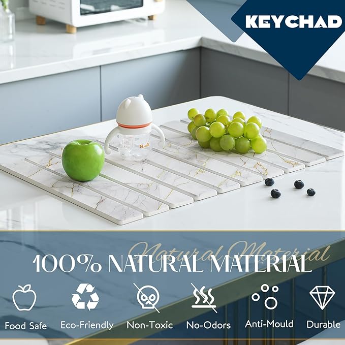 Large Stone Drying Mat for Kitchen Counter - 23.4" x 15.4" Quick Drying Foldable Dish Drying Mat - Super Absorbent Diatomaceous Earth Mat - Stone Dish Drying Mat for Cups Bottles
