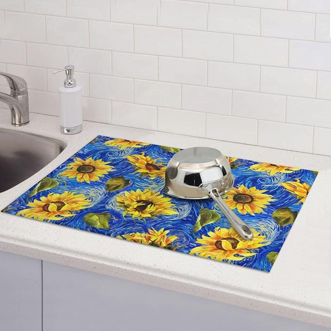 Starry Night Sunflower Blue Dish Drying Mat For Kitchen Counter Absorbent Large Kitchen Fast Dry Pad Reusable Washable Protector Rack Large Mat 18 X 24