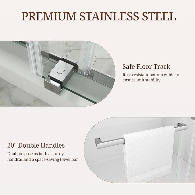 44-49" W x 76" H Frameless Shower Door, Double Sliding Glass Shower Door with 3/8" (10mm) SGCC Tempered Glass, Dual 304 Stainless Towel Bars Bathroom Shower Glass Door (Chrome)