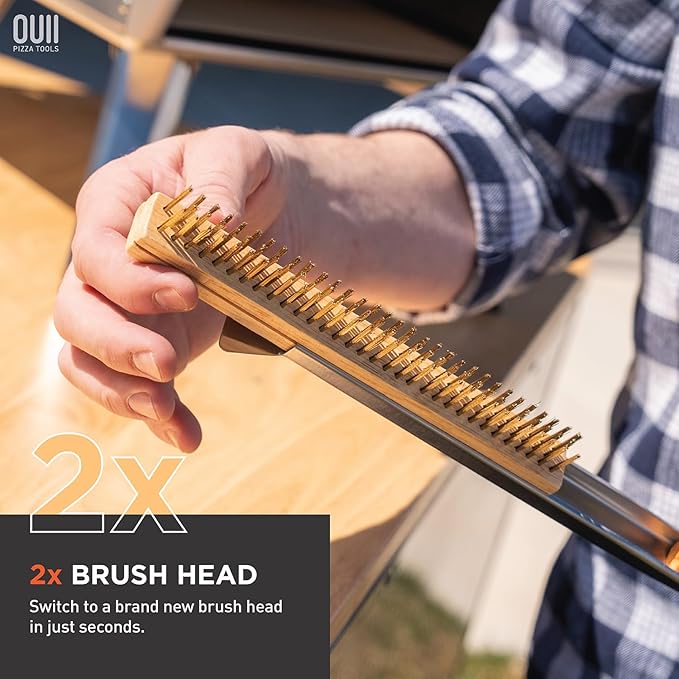 26'' Pizza Oven Brush with Stone Scraper - Includes 2 Brush Heads, Heat-Resistant Gold Stainless Steel Bristles - Long Grip Handle, Compatible with Ooni, Gozney, Blackstone, Solo Stove Ovens