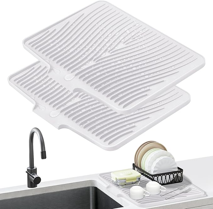Silicone Dish Drying Mat, Stone Drying Mat for Kitchen Counter with Built-In Drain, Non-Slip Drain Pad with Built-in Drain, Heat Resistant Stone Drying Mat, White-2pcs, 20" x 15"