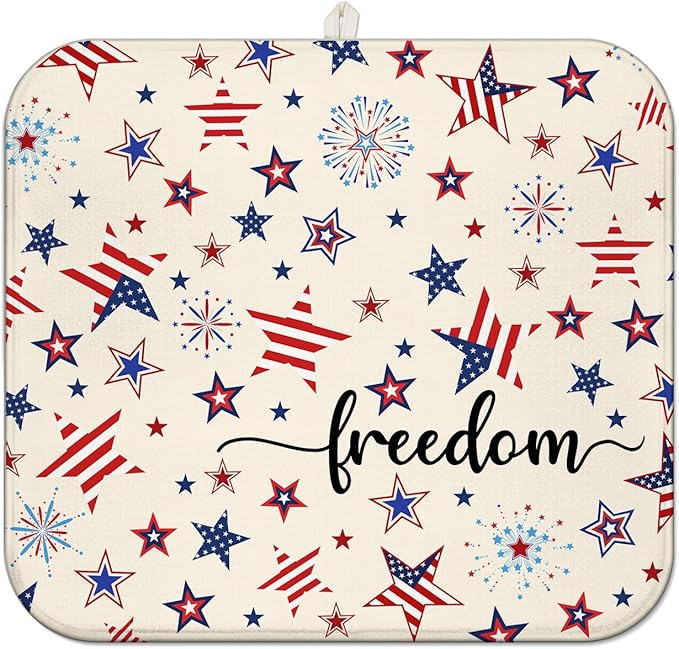 4th of July Dish Drying Mat for Kitchen Counter,Independence Day Stars Memorial Fallen Soldiers Microfiber Drying Mat, Washable Absorbent Patriot Kitchen Countertop Dish Mat Draining Mat 16×18 Inch