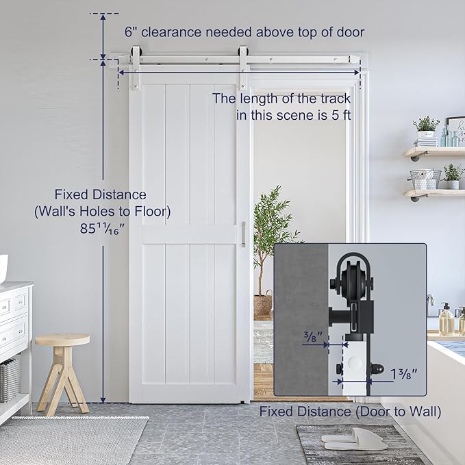 SmartStandard 30 x 84 inch White Sliding MDF Barn Door with 5FT Brushed Nickel Sliding Door Hardware Kit & Handle, Pre-Drilled Ready to Assemble, Waterproof PVC Coating, H-Frame