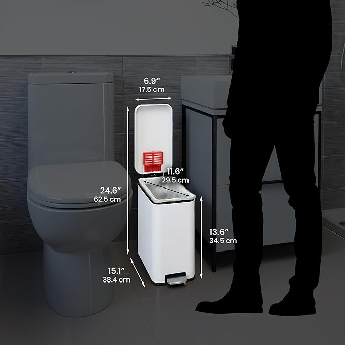 iTouchless 3 Gallon Slim Bathroom Trash Can with Lid & Odor Filter, Soft-Step Steel Pedal Bin for Narrow Spaces, Durable Metal Wastebasket for Powder Room, Nursery, & Minimalist Decor – Matte White