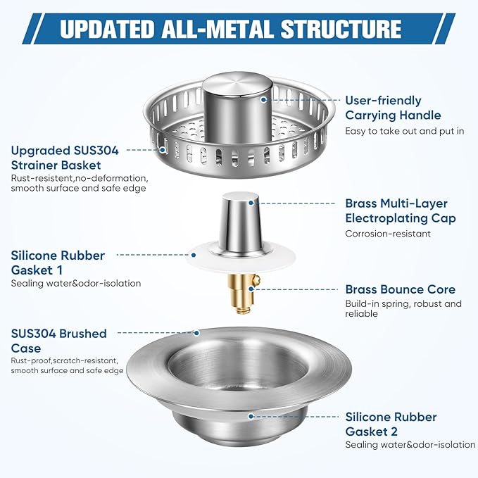 2 Pack Sink Drain Strainer Kitchen Sink Drain Strainer&Sink Stopper,Stainless Steel Pop up Sink Drain Strainer,Anti-Clogging Basket Strainer,High Durability with Brass Core,Fit 3-1/2",Chrome