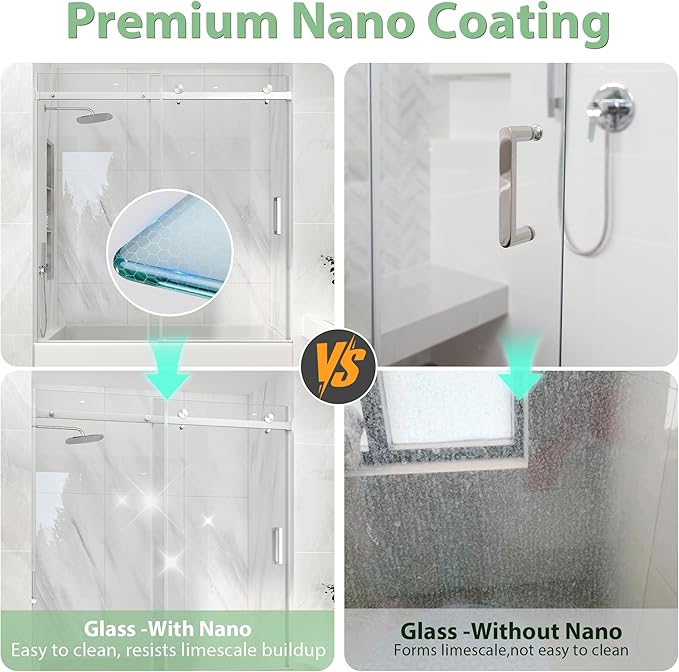 KPUY Frameless Sliding Bathtub Door, 55-60" W x 60" H Tub Shower Door, 1/4" (6mm) Thick Tempered Clear Glass with Explosion-Proof Film Nano Coating, Brushed Nickel