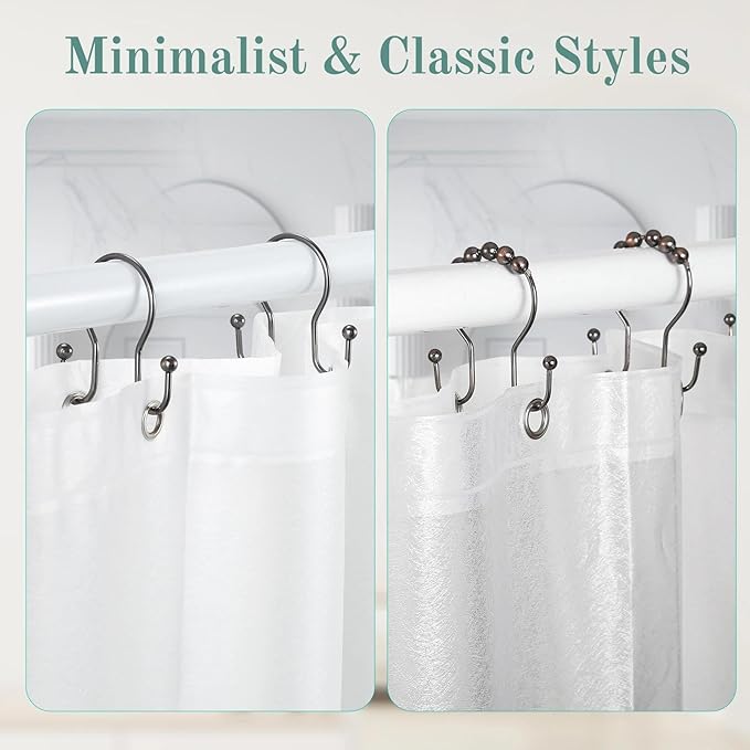 Goowin Shower Curtain Hooks, 12 Pcs Shower Curtain Rings, Stainless Steel Shower Curtain Hangers, Metal Shower Curtain Hooks Rings Rust Proof, Minimalist Shower Hooks for Shower Curtain, Bronze