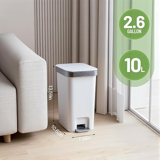 2 Pack Bathroom Garbage Can with Lid, 2.6 Gallon /10 Liter Small Trash can, Press Top Bin & Step Metal Pedal Trash Bin, Mini Waste Basket for Bedroom, Home Office, Toilet, Dorm (Grayish-White)