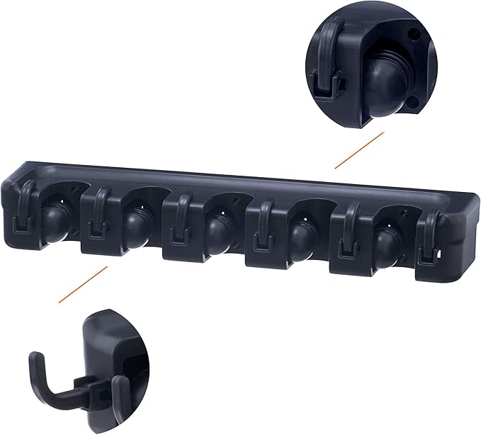 Superio Mop and Broom Holder 2 Pack Wall Mount Black Cleaning Tools Wall Organizer, 3 Rack Slots / 4 Hooks for Kitchen Closet, Garage, Garden, Office