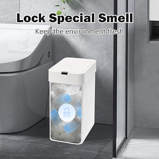 2 Pack Bathroom Trash Can with Lid - 2.5 Gal and 4 Gal Motion Sensor Garbage Bin, Smart Rubbish Bin, Waterproof Slim Dustbin, Automatic Plastic Trash Can for Bathroom, Office, White