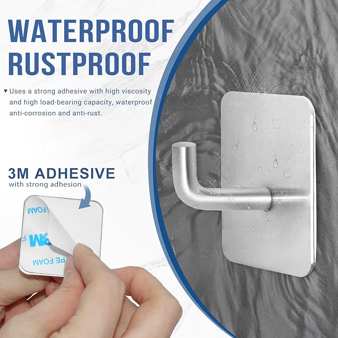 Adhesive Hooks for Bathrooms, 4 Piece Towel Hooks for Hanging Hat Robe Coat, Stick on Hooks for Kitchens, Strong Self-Adhesive No Damage Waterproof Stainless Steel Sticky Hook (Silvery)