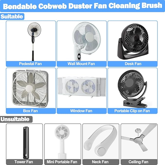 XANGNIER Fan Cleaning Brush Tools Set,10 Pcs Fan Cleaner for Stand up Fan/Desk/Window Exhaust/Box/Oscillating/Standing/Floor/Clip on/Wall/Table/Wall Mount/Pedesta Fan,Bendable Cobweb Duster Remover