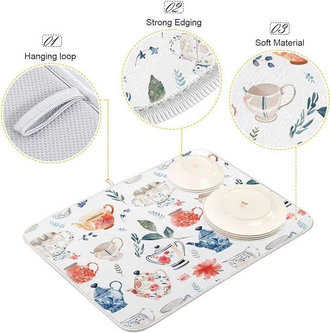 Watercolor Tea Cups Teapots Dish Drying Mat for Kitchen Counter Absorbent Microfiber Drying Pad, Large 18x24 in, Reversible Drainer Mats