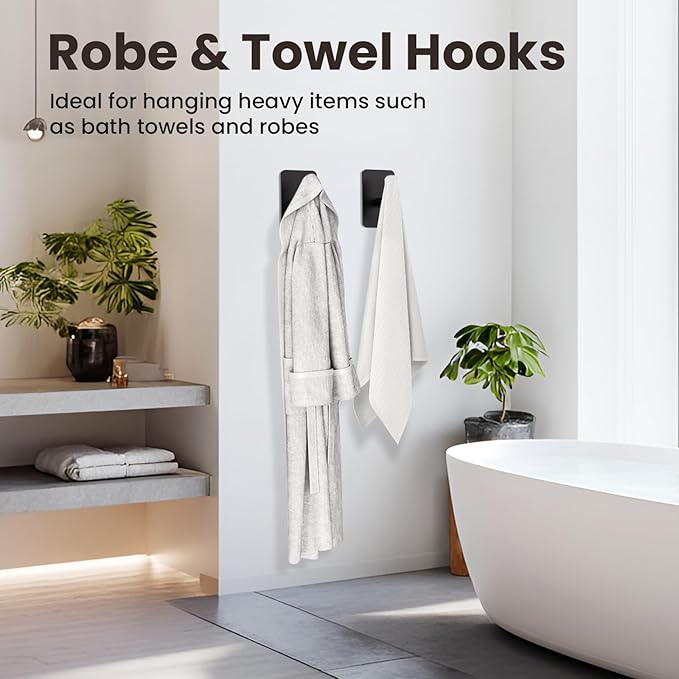 Black Hooks for Hanging Heavy Duty, Wall Hooks for Shower, Bathroom, Towel, Coat, Robe, Waterproof & Rustproof Adhesive Hooks, Sticky Towel Hooks for Walls No Damage- 2 Pack