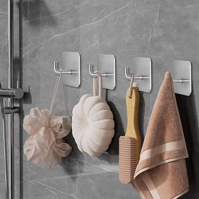 Adhesive Hooks for Bathrooms, 4 Piece Towel Hooks for Hanging Hat Robe Coat, Stick on Hooks for Kitchens, Strong Self-Adhesive No Damage Waterproof Stainless Steel Sticky Hook (Silvery)