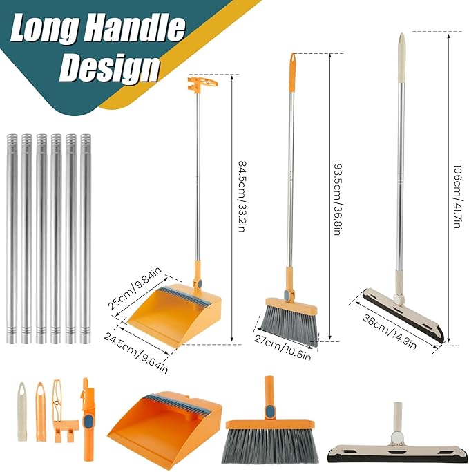 Broom and Dustpan Set for Home, 180° Rotating Broom Combo, Foldable Stand Dust Pans, Long Handle Broom and Dustpan Combo Set with Comb Teeth for Cleaning Kitchen Room Office Lobby Floor (Orange)