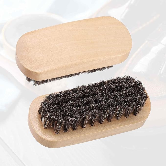 HARFINGTON Shoe Cleaning Brush 4"x1" Beech Wood Horsehair Boot Polish Brushes for Leather Shoes Boots Cloth Cleaner, Dark Brown Wood