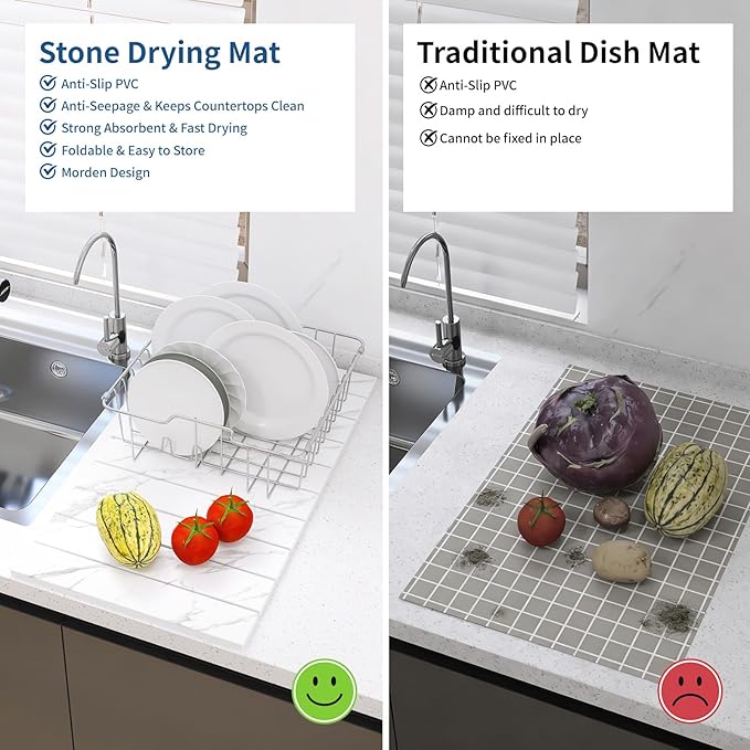 Hopegiver Stone Drying Mat for Kitchen Counter, 24" x 16" Quick Dry Diatomaceous Earth Dish Drying Mat, Super Absorbent, Non-Slip & Foldable, Modern Marble Countertop Mat (Marble,24''x16'')