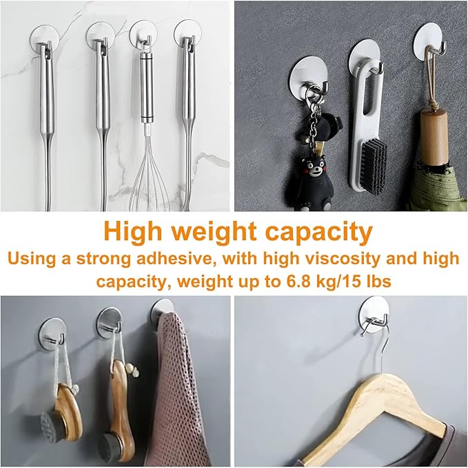 Silver Adhesive Hooks for Wall No Damage Heavy-Duty 15lb(Max) 8 Packs, Sticky Hangers for Hanging, Stainless Steel, Removable, Waterproof, Oilproof and Rustproof for Bathroom Kitchen Home