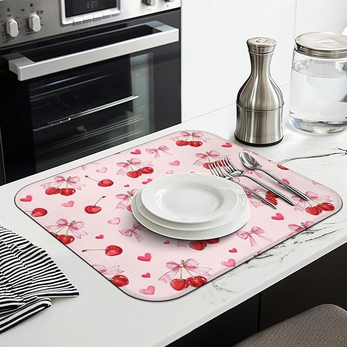Cherry Dish Drying Mat for Kitchen Counter, Pink Cute Bow Heart Microfiber Drying Mat, Washable Absorbent Kitchen Countertop Dish Draining Mat, 16×18 Inch