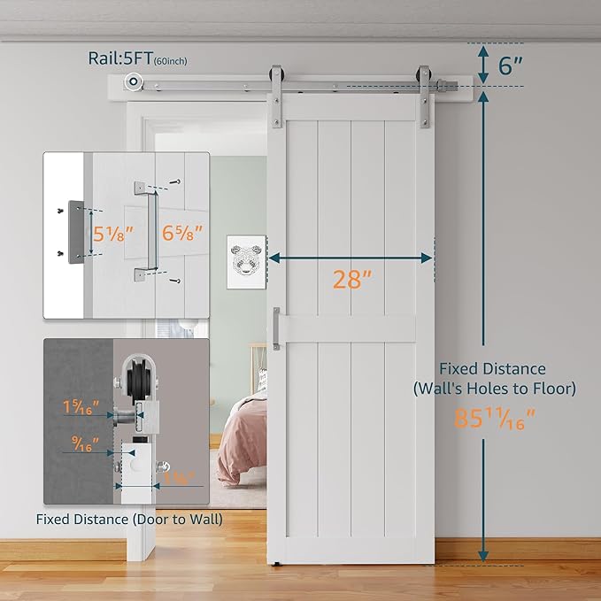 28''x84'' Sliding Barn Door with 5 Ft Brushed Nickel Hardware Kit& Handle& Floor Guides,Pre-Drilled Holes Easy Assembly - Include Installation Manual, Water-Proof PVC Surface, H-Frame