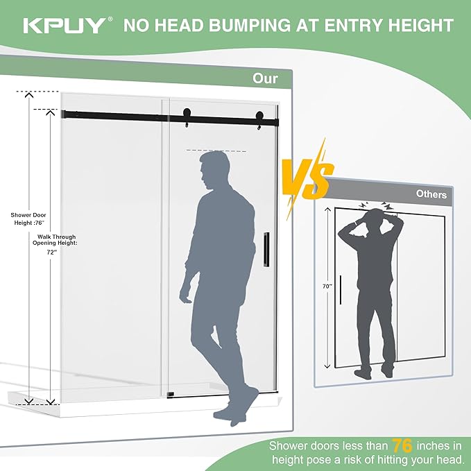 KPUY Frameless Shower Door, 43-48" W x 76" H Sliding Glass Shower Door, 1/4" (6mm) Thick Tempered Clear Glass with Explosion-Proof Film Nano Coating in Matte Black Finish