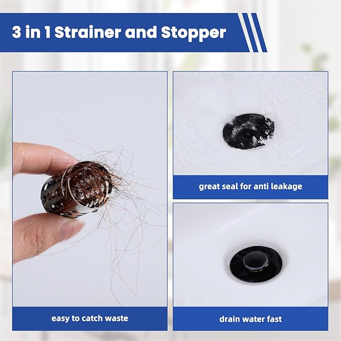 Universal Bathroom Sink Drain Strainer Hair Catcher 2PCS Upgraded with Removable Stainless Steel Filter Basket, 3 in 1 Pop Up Sink Stopper for 1.1''~2.36'' Sink Basin Hole, Matte Black