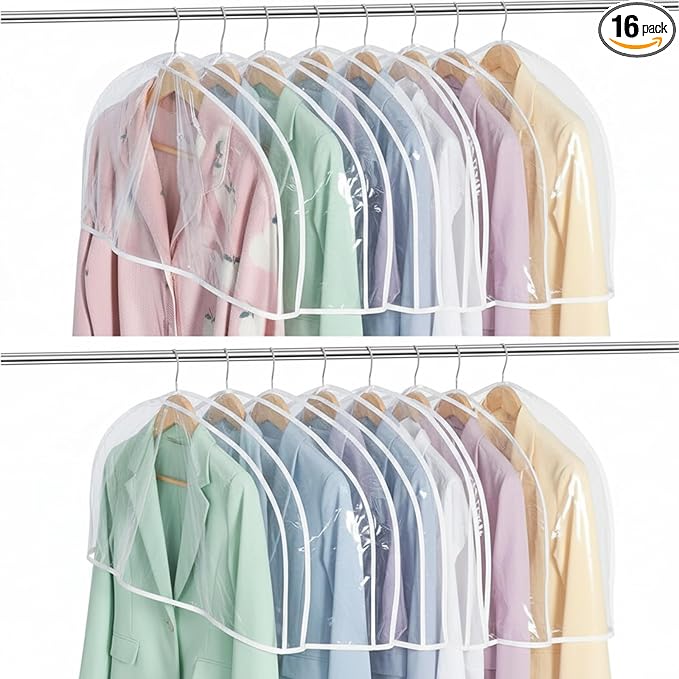 Patelai 16 Pcs 2" Gusseted Shoulder Covers for Hanging Clothes 24" x 12" Plastic Hanger Garment Dust Covers Breathable Protectors for Closet Storage Suit, Coats, Jackets (Clear)