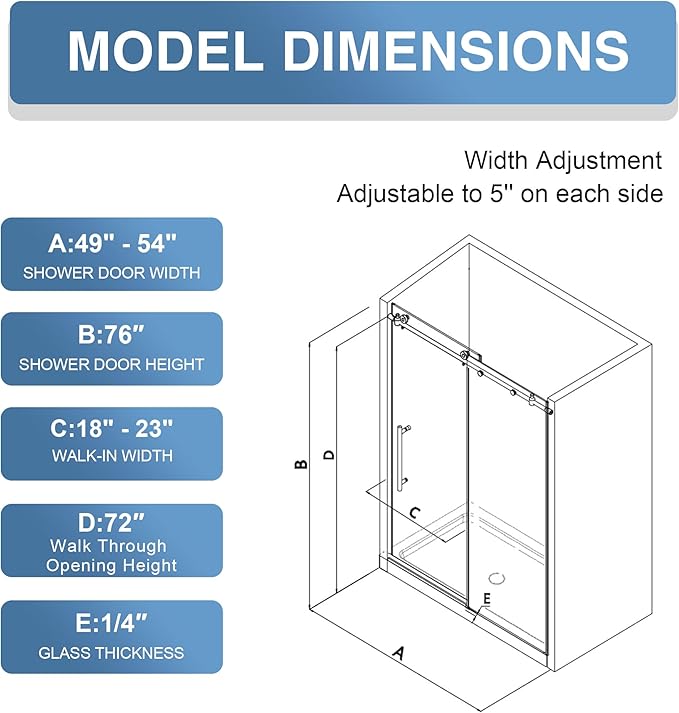 KPUY Frameless Shower Door, 49-54" W x 76" H Sliding Glass Shower Door, 1/4" (6mm) Thick Tempered Clear Glass with Explosion-Proof Film Nano Coating, Stainless Steel Hardware, Matte Black